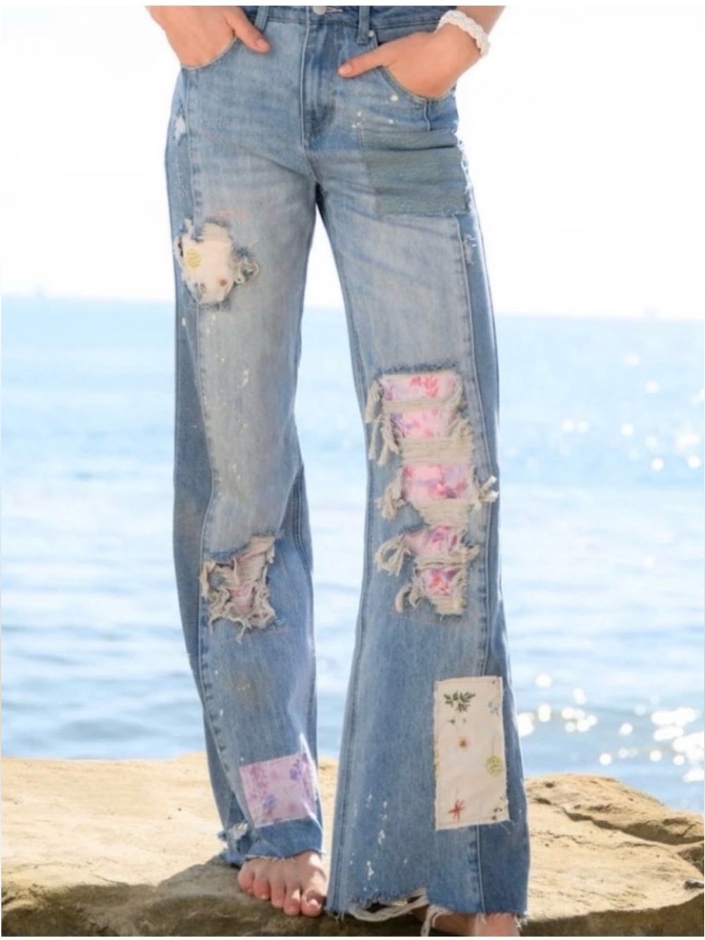 NWT Altar'd State Eloise Patchwork Light Blue Floral Patch Jeans Size 24